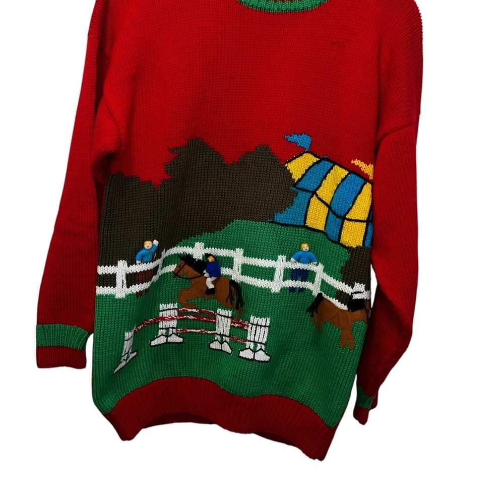 Vintage 100% cotton salsa sweater made in Peru horse jockey 3d large L red retro - Picture 4 of 8